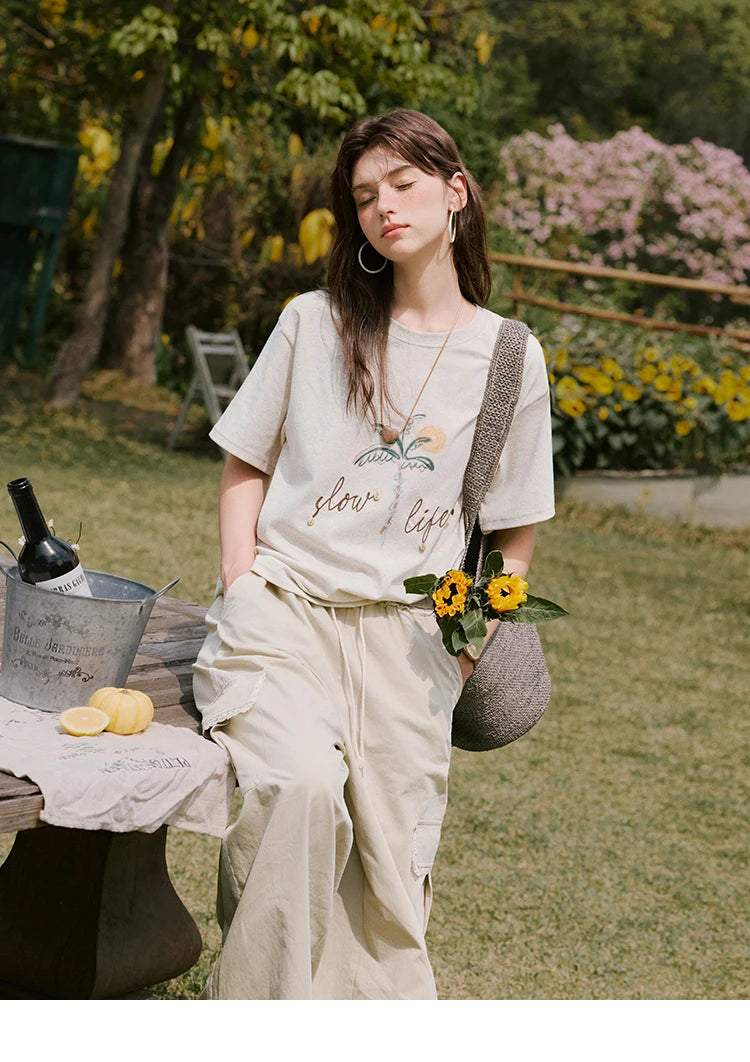 MISHOW Casual Summer Print Shirts Women 2025 Short Sleeve Round Neck Coconut Tree Straight T-shirts Woman Versatile MXE31T0520