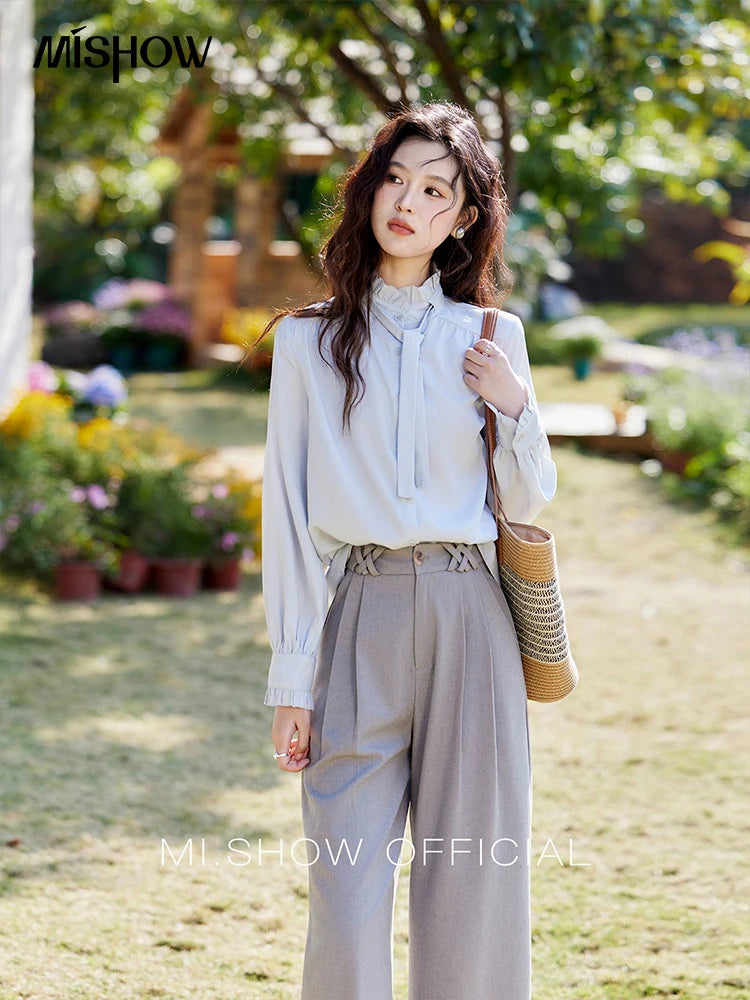 MISHOW French Ribbon Stringy Selvedge Neck Shirt for Women Spring 2025 Slim 100 Lyocell Shirts Solid Commuter Tops MXE13C0383