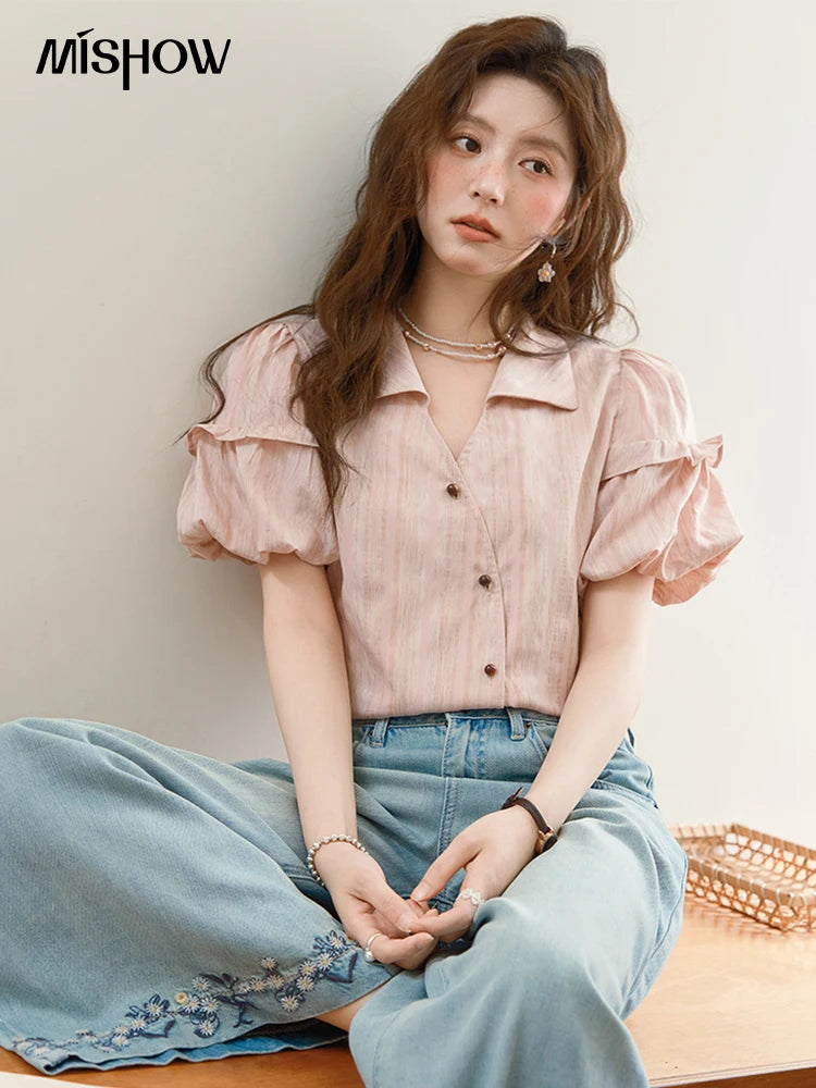 MISHOW Ladies Fashion Puff Sleeve Striped Shirt 2025 Summer New Commute Retro Turn-down Collar Top Women's Clothing MXE37C0808