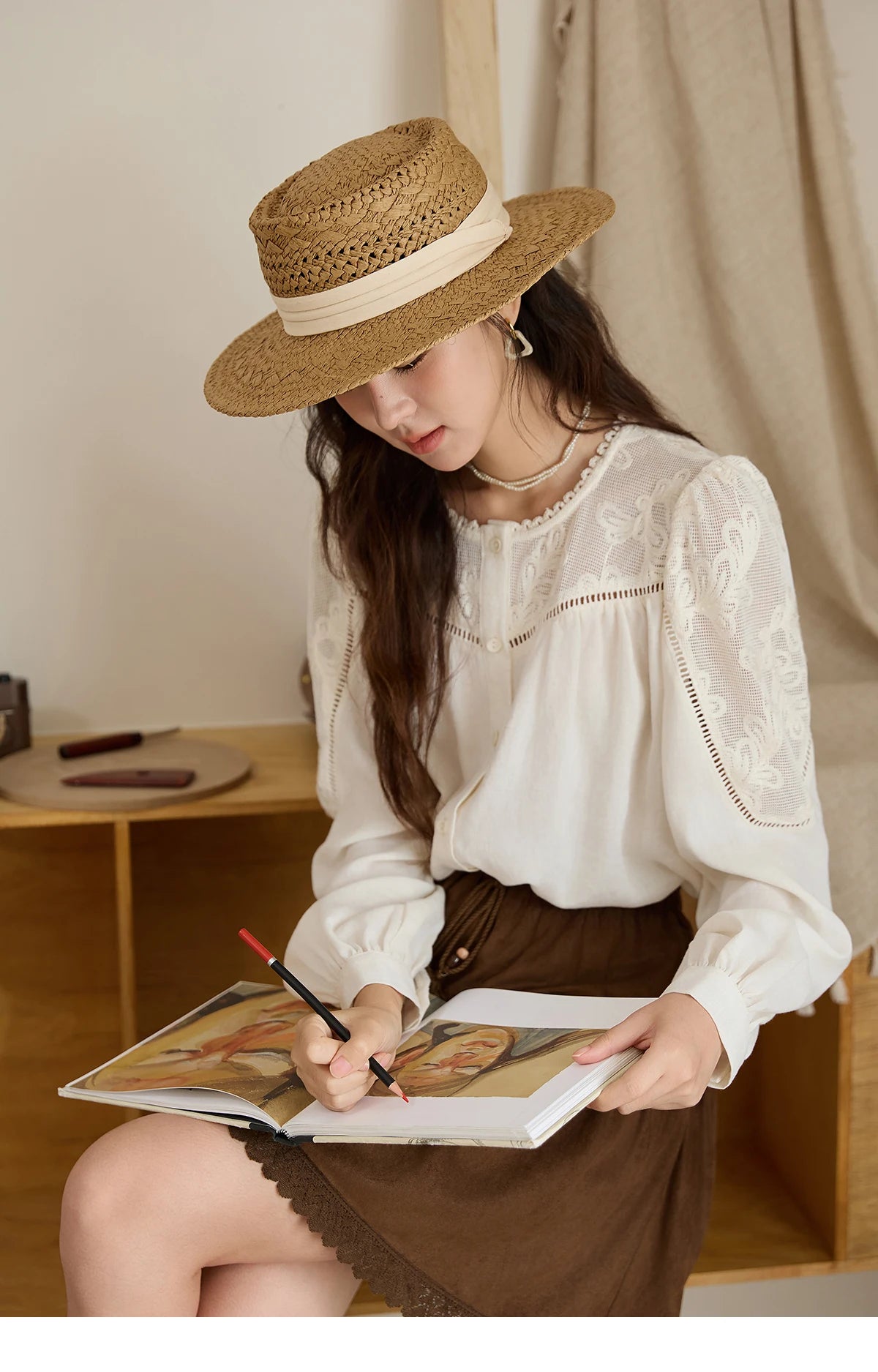 MISHOW Women's Beige Hollow Out Embroidery Shirt Autumn French Elegant Long Sleeve O-Neck Shirts Retro Commute Tops MXE44X2498