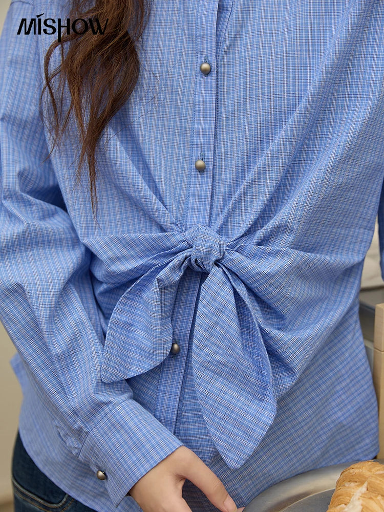 MISHOW Blue Plaid 100 Cotton Shirt Autumn 2025 Bow Tie Waist Matte Silver Butto Shirts Lapel Dropped Sleeved Tops MXE44C2395