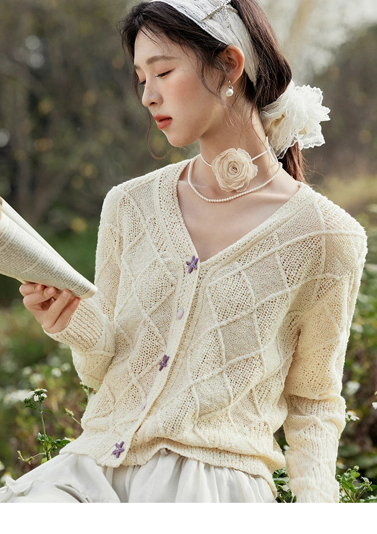 MISHOW Square Pattern Knitted Sweater for Women Spring Summer 2025 V-neck Tops Colorful Starfish Buckle Lazy Cardigan MXE16Z1213