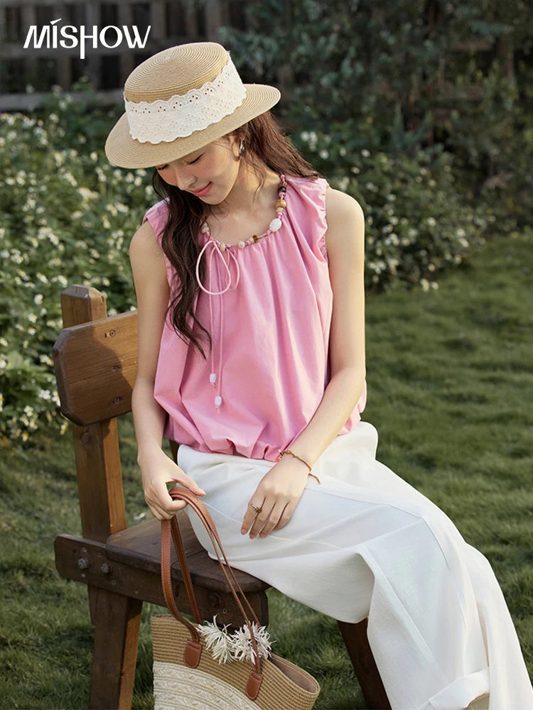 MISHOW French Rose Red Blouses Women Summer 2025 Sleeveless Round Neck Beaded Strap Design Short Tops Lady New Thin MXE32X1773