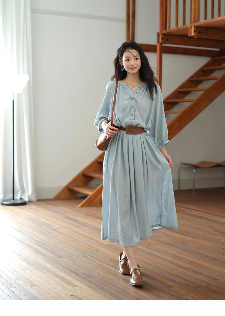 MISHOW Women's Half Sleeve Button Bamboo Knot Dress with Bohemian Belt 2025 Autumn Blue Long Dress Ladies Clothing MXE20L2468