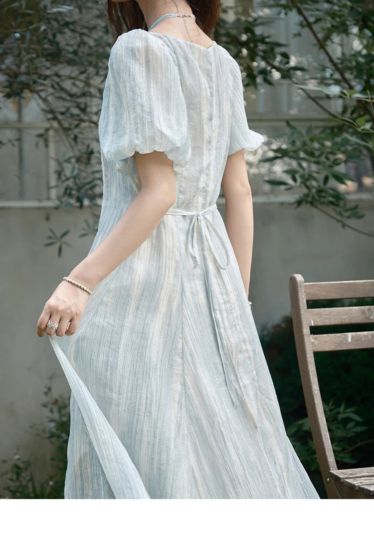 MISHOW Women's Summer Dress 2025 New Fashion Striped Square Neck Spliced Lace Hollow Out Dress Waist Lace Up Dresses MXE39L2403