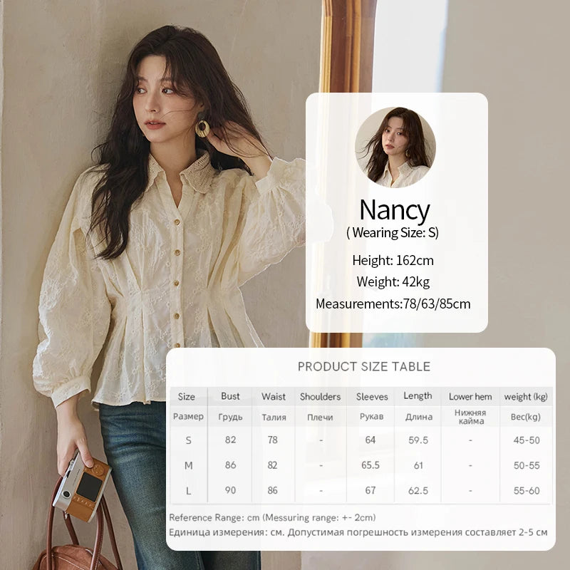 MISHOW Women's Lantern Sleeve Blouse 2025 Autumn French Lace Hollow Out Lapel Collar Shirts Waist Hem Ruffle Tops MXE42C2372