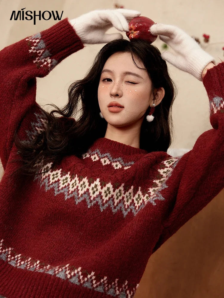 MISHOW Red Christmas Fair Isle Knitting Sweater Vintage Color Clash Raglan Sleeve O-Neck Loose Thick Warm Knitted Top MXD58Z1035
