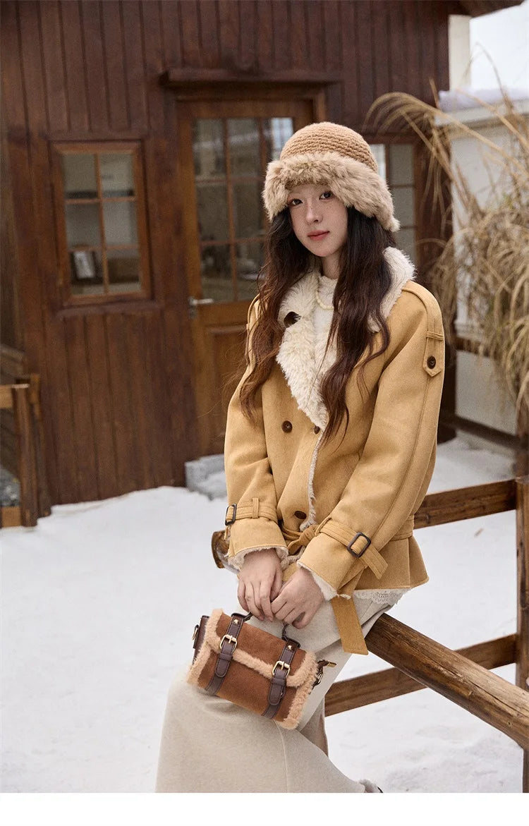 MISHOW Women Winter Jacket 2025 Fashion Suede Lambskin Fleece Coat Commute Windproof Retro Double-breasted Warm Coat MXE86W0907