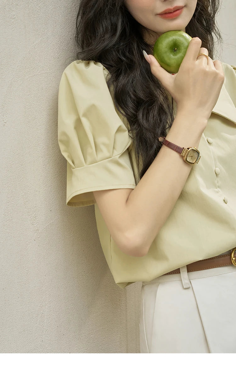 MISHOW Bubble Sleeve V-neck Commuting Shirts for Women 2025 Summer Retro Lapel Neck Short Sleeve Loose Solid Tops MXD28X1471