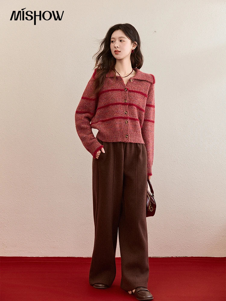 MISHOW Christmas Women's Retro Red Striped Large Lapel Knitted Cardigan 2025 Winter Color Block Fleece Patchwork Tops MXE94Z2888