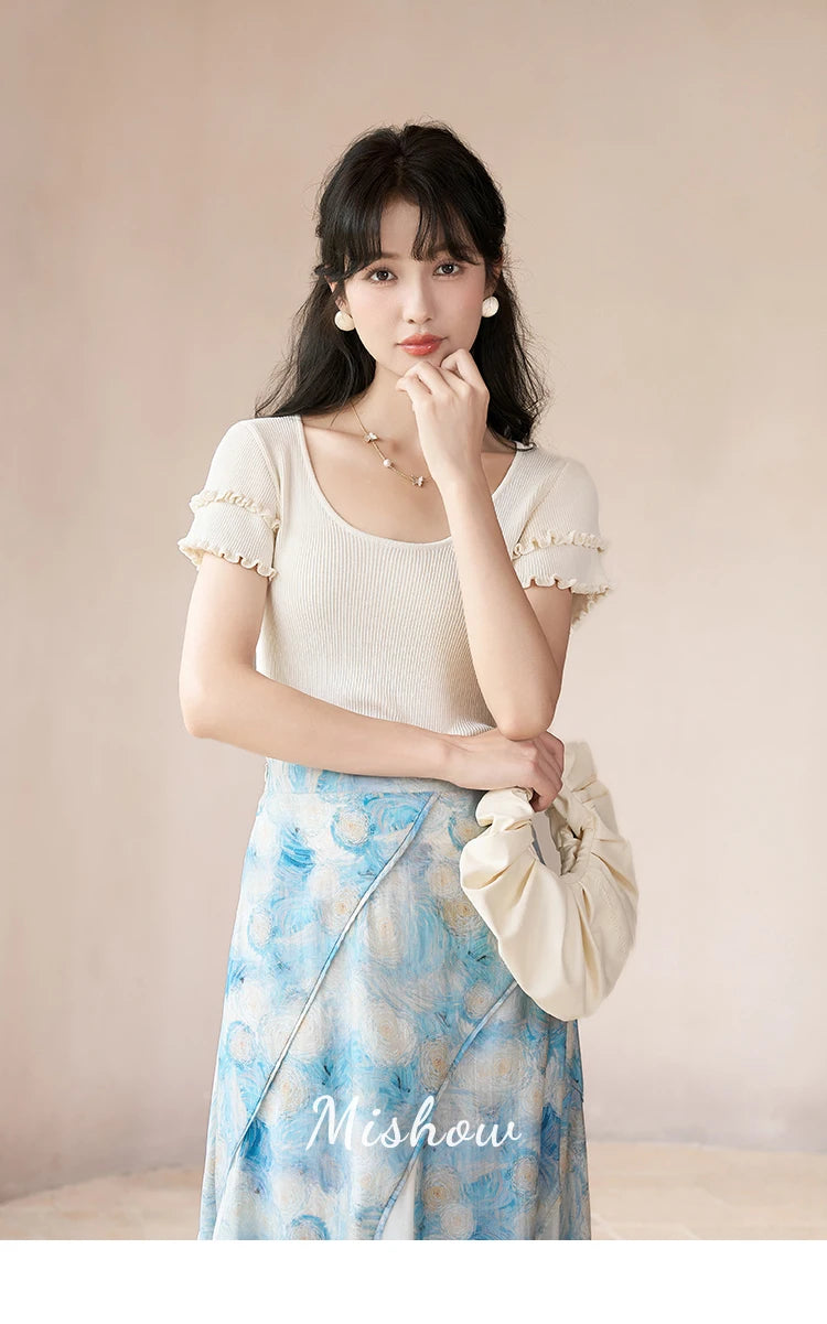 MISHOW French Skirts of Women Fashion 2023 [Van Gogh Collection] Art Pleated High Waist Slim Fit Female A-LINE Skirts MXC39B0095