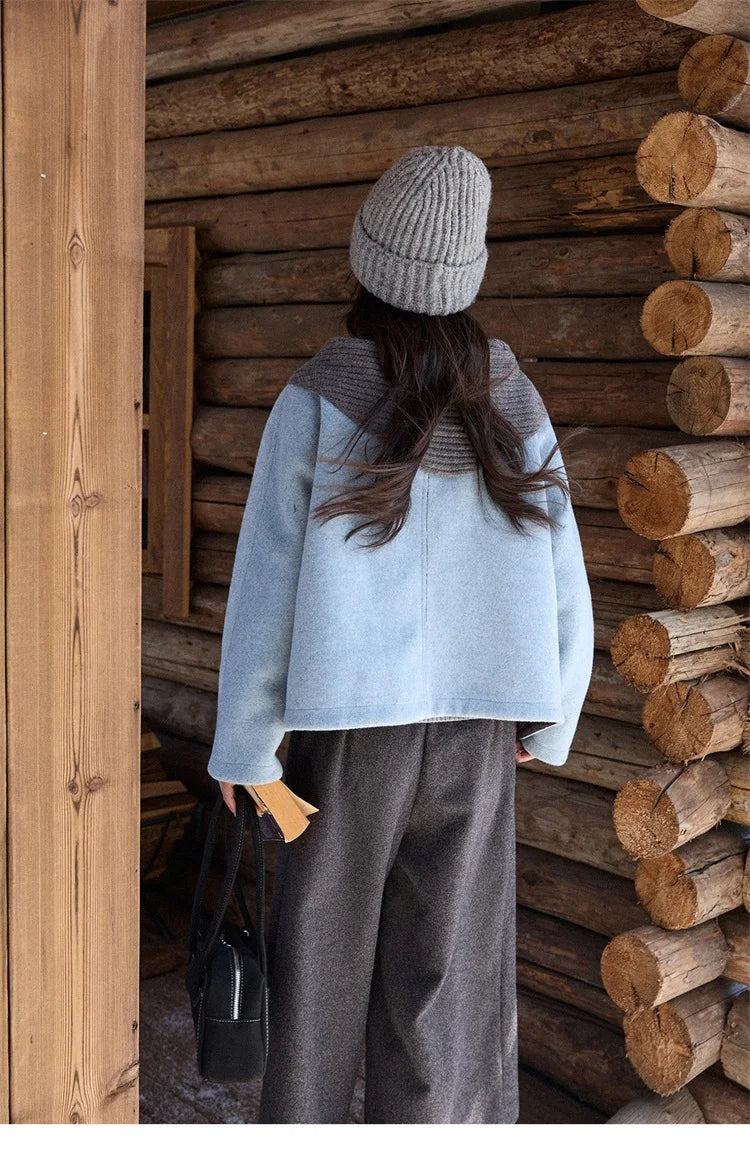 MISHOW Woman Blue Wool Coat with Shawl 2025 Winter Elegant Fashion Crew Neck Single-breasted Short Loose Thick Coat MXE87W0943