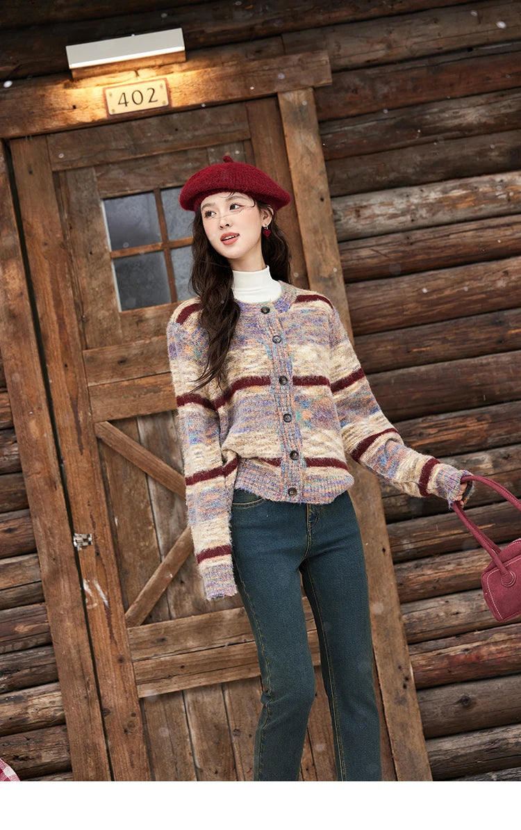 MISHOW Striped Sweaters Short Contrast Color Loose Casual O-Neck Single Breasted Tops Soft Warm Knitted Cardigans MXD59Z1061