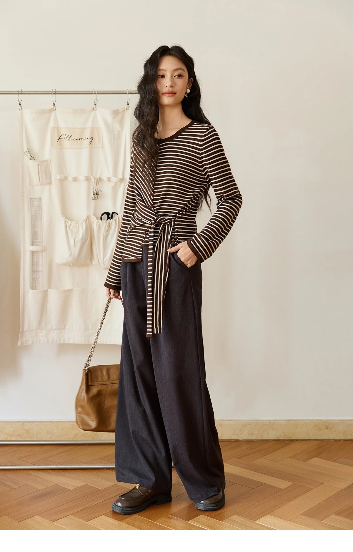 MISHOW Women's Coffee Striped Knitted Top 2025 Autumn Retro Commute Long Sleeves Loose Cardigan Sweater Women Clothes MXE46Z2537