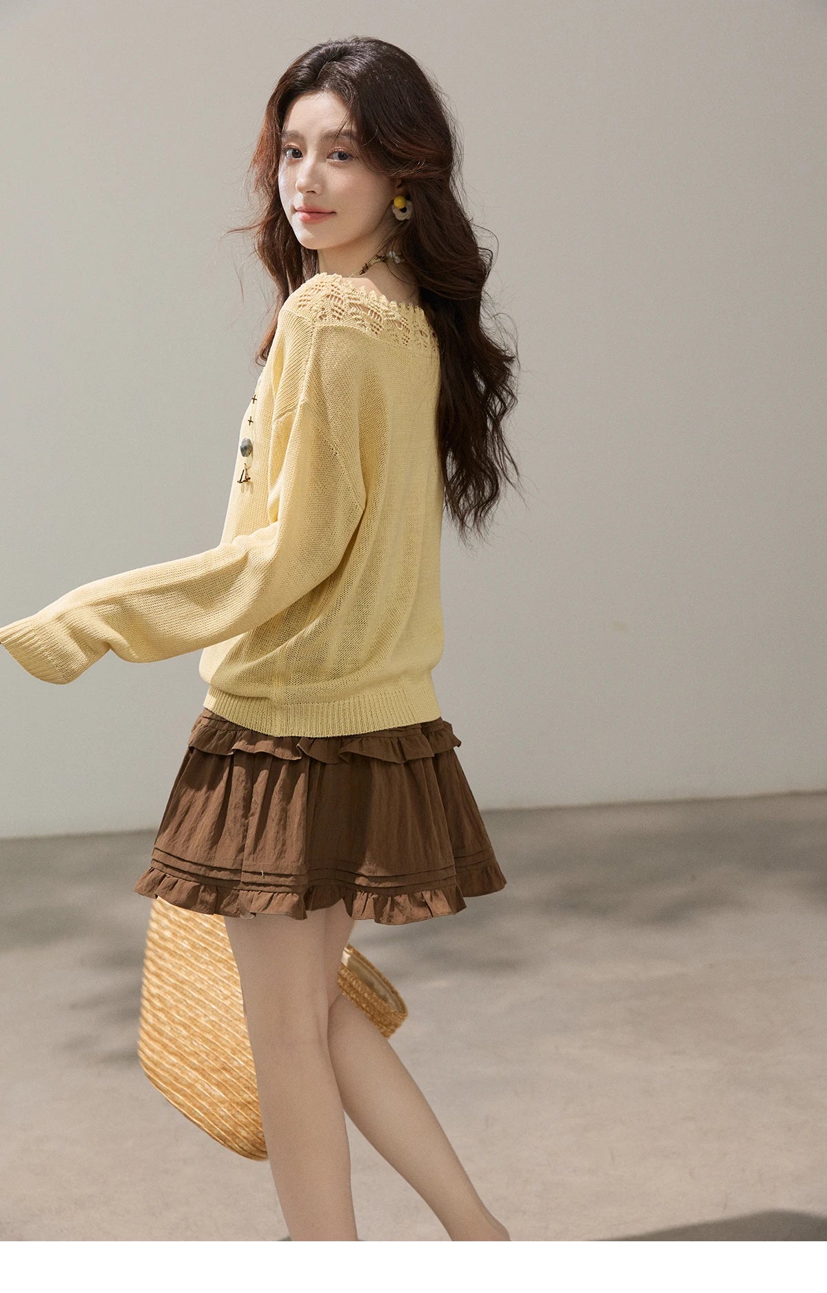 MISHOW Women's Hollowed Out Lace Trim Knit Tops 2026 Spring Boat Neck Long Sleeve Knitwear Casual Soft Yellow Sweater MXF15Z3050