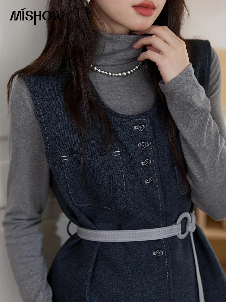 MISHOW Blue Three-piece Suit for Women 2025 Autumn Sleeveless Vest Straight Midi Skirt Slim Knit Tops Skirt Set  MXE49T1421