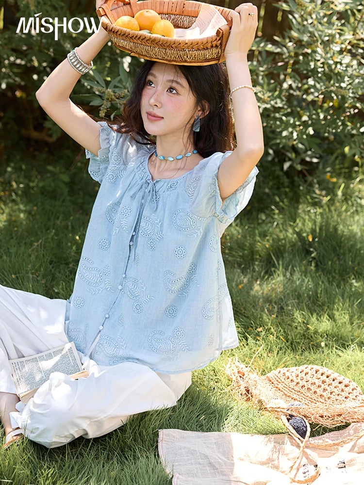MISHOW Embroidery Flower Shirt for Women 2025 Summer New Fashion Loose Puff Sleeve Round Neck Top Female Clothing MXE39X1922