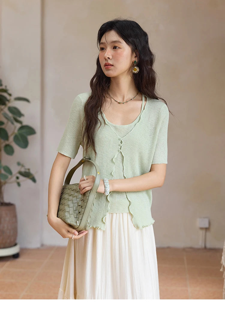 MISHOW Women's Mint Green Fake Two Piece Short Sleeved Knitted Cardigan 2025 Summer Solid Color Loose Comfortable Top MXE36Z1286