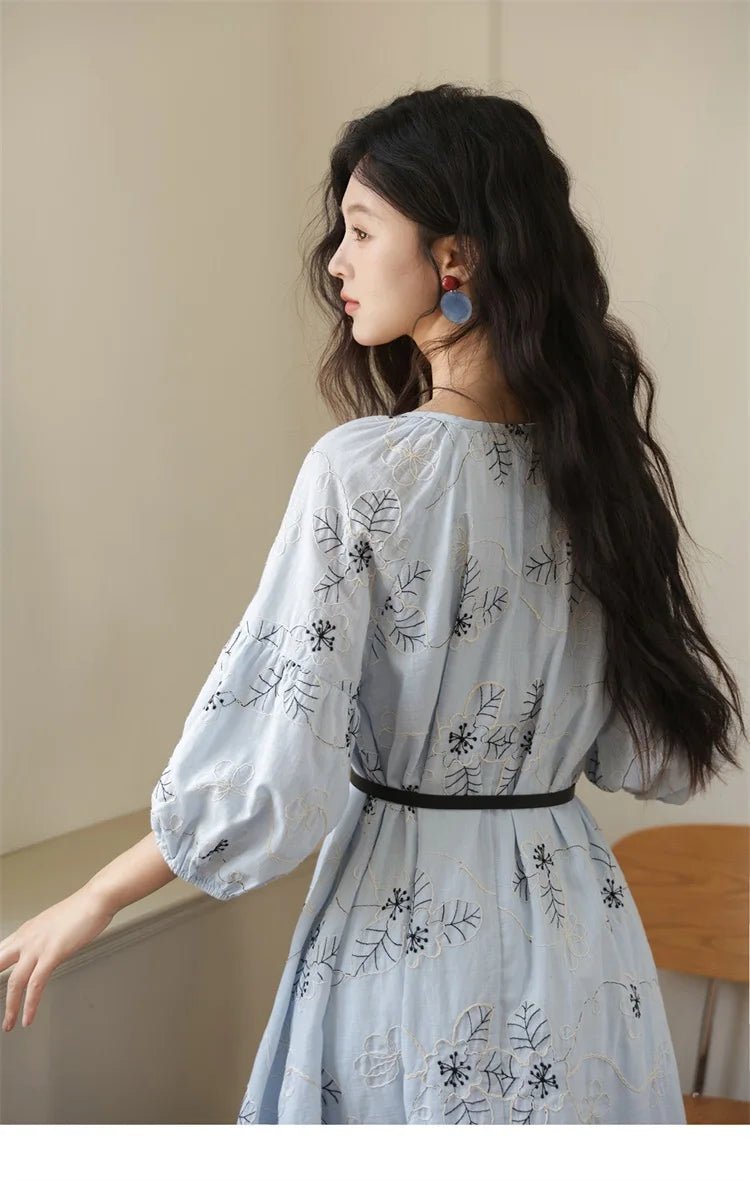 MISHOW Blue Flower Embroidered Dress 2025 Autumn Seven Cent Lantern Sleeve Tassel Tie Rope V-neck Dresses with Belt MXE42L2493