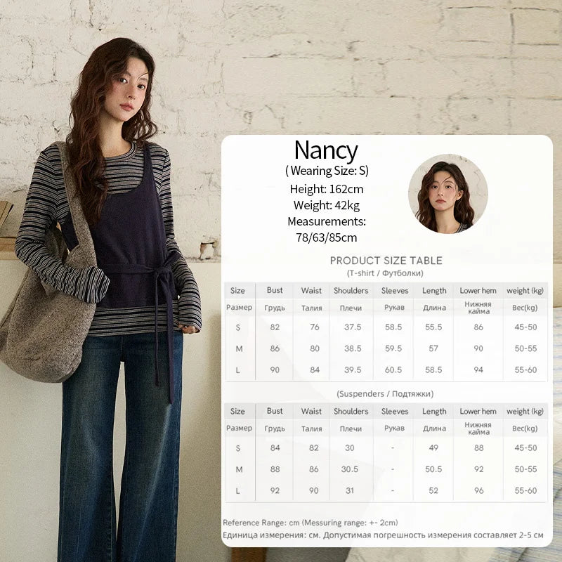 MISHOW Women's Two-Piece Set, 2025 Winter New Retro Casual Round Neck Long Sleeve Striped Top with Tie-Waist Camisole MXE87T1430