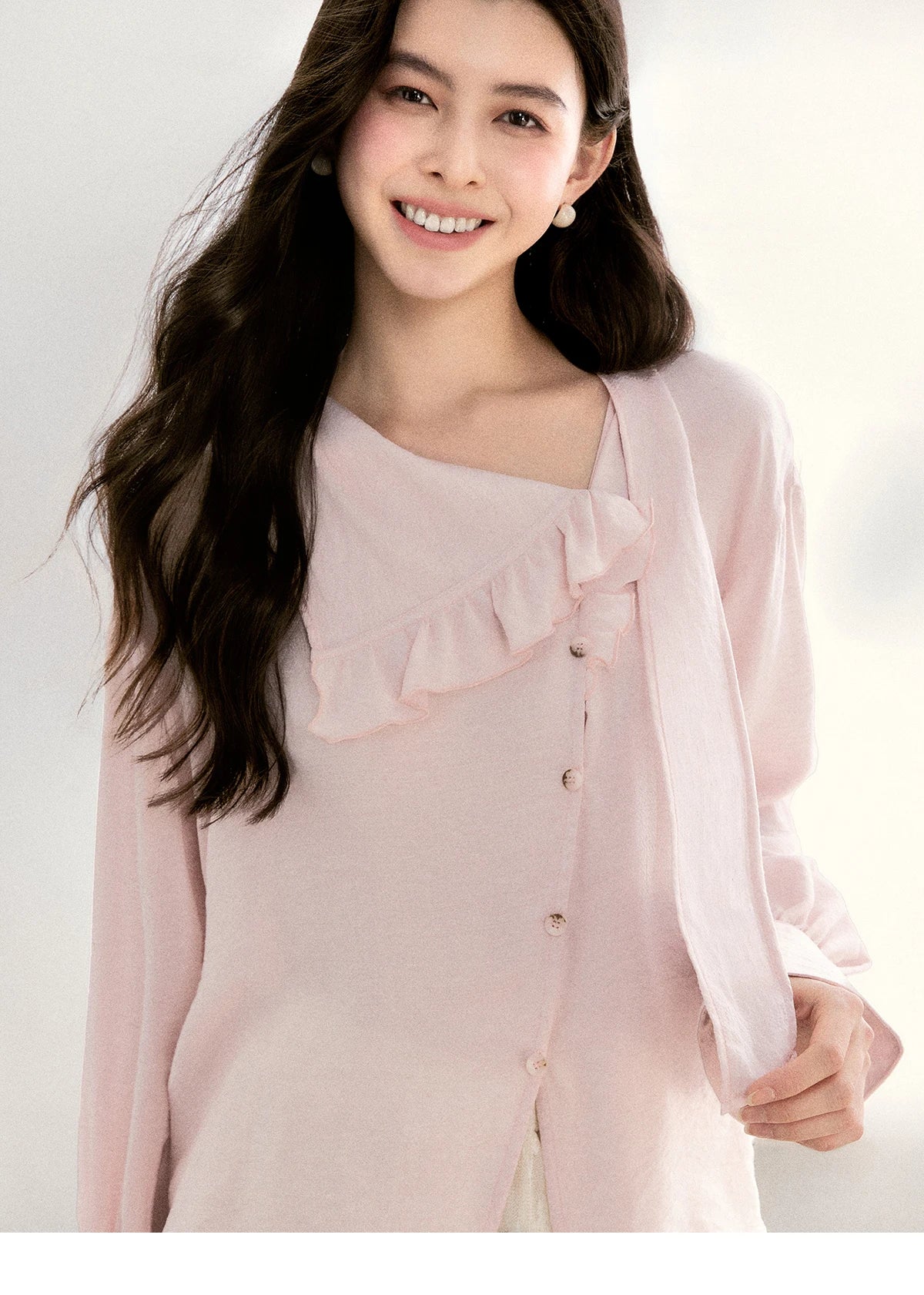 MISHOW Women's Pink Elegant Blouse 2026 Spring Asymmetrical Ruffled Collar Button Shirts Puff Sleeve Casual Loose Top MXF11X2520