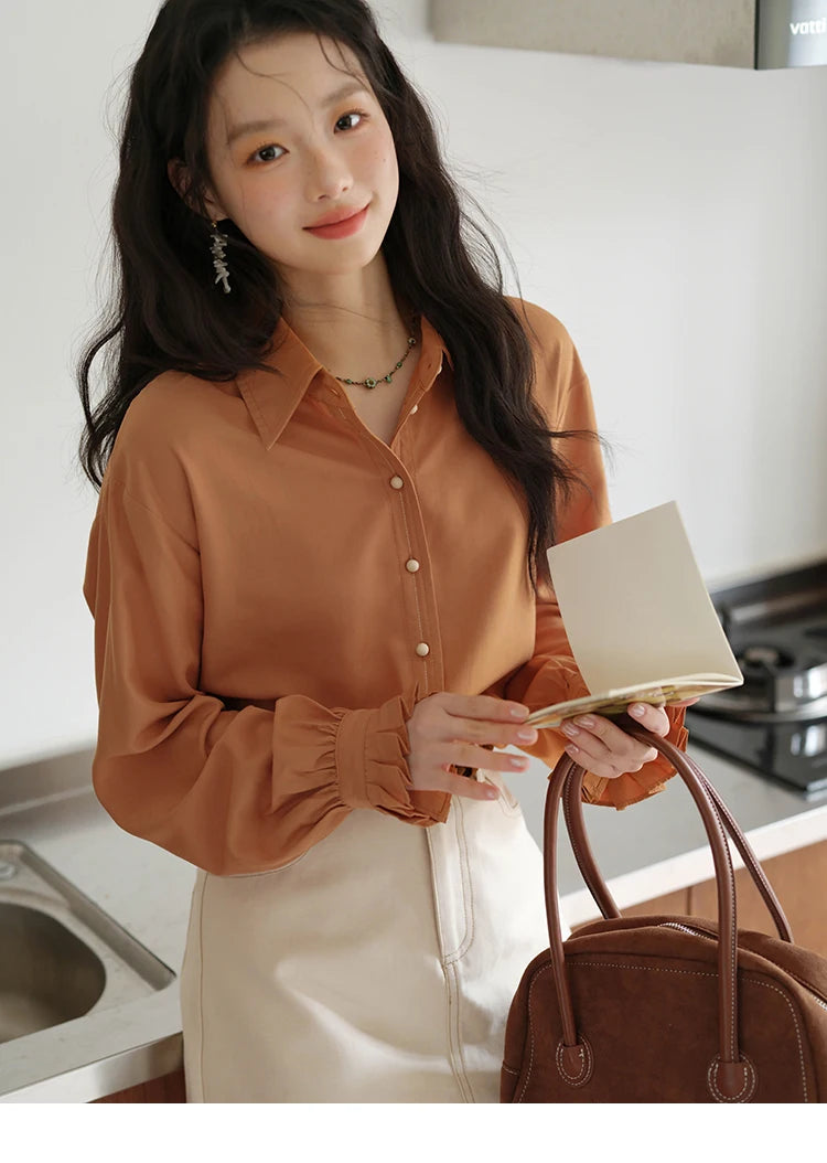 MISHOW Women's Shirts 2025 Autumn Color Blocking Buttons Pleated Cuffs Loose Top Female Solid Lapel Commuting Shirts MXE41C2352