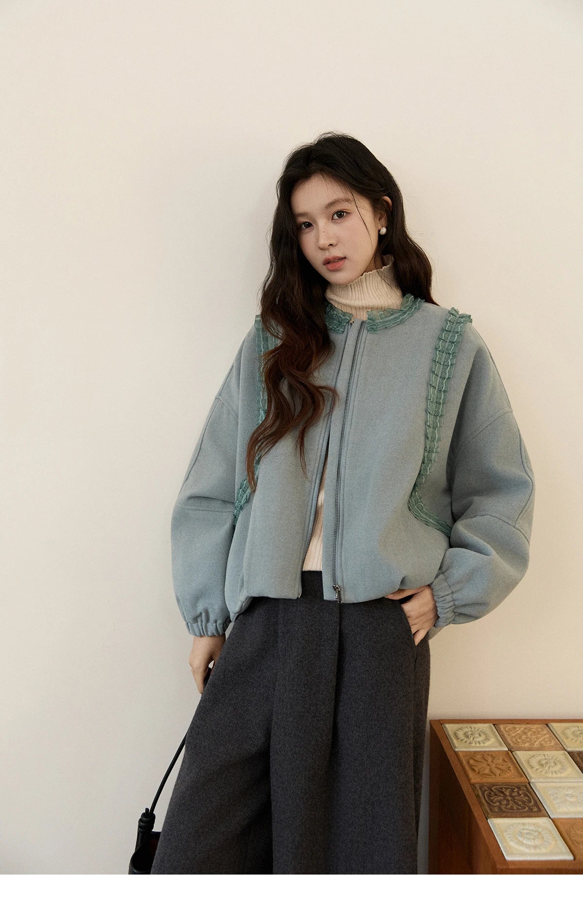 MISHOW Women's Light Blue Down Coats Winter Lace Decor Zipper Puff Sleeve Coats O Neck Loose Casual Warm Outerwear MXE94W1048