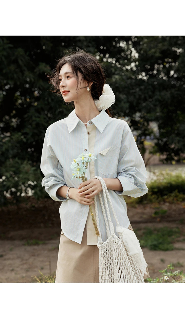 MISHOW Light Blue Striped Shirt for Women Spring 2025 Contrast Color Placket Shirt 100 Cotton Polo Neck Commuting Top MXE15C0762