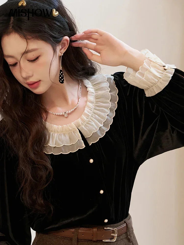 MISHOW French Retro Velvet Blouses for Women 2025 Autumn Winter Button Down O Neck Korean Long Sleeve Shirt Tops MXC51X1323