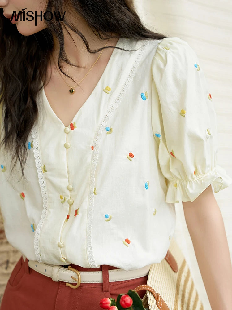 MISHOW 100% Cotton Women's Puff Short Sleeve Shirt 2025 Summer New Square Neck Blouse Embroidered Lace Patchwork Tops MXD22X1420