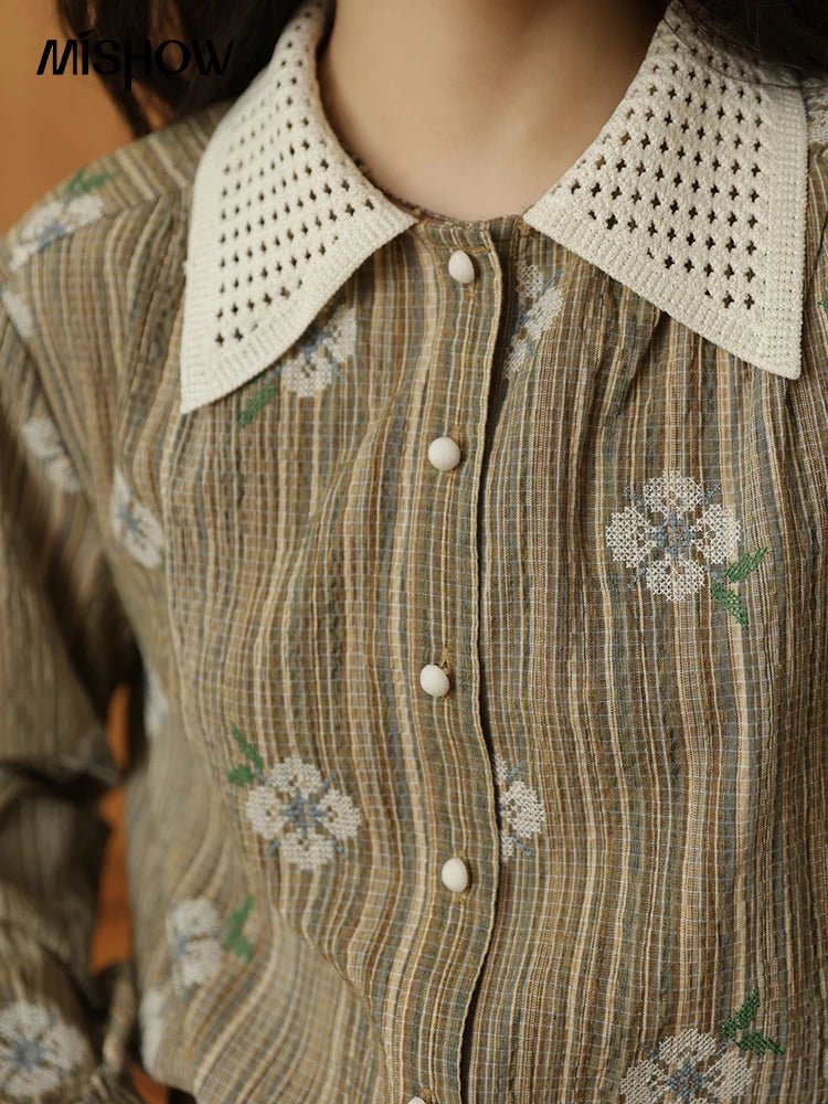 MISHOW Embroidered Shirt for Women Autumn 2025 Hollowed Out Woven Lapel Tops Lace Cuffs Vintage Long Sleeved Shirt MXE44C2393