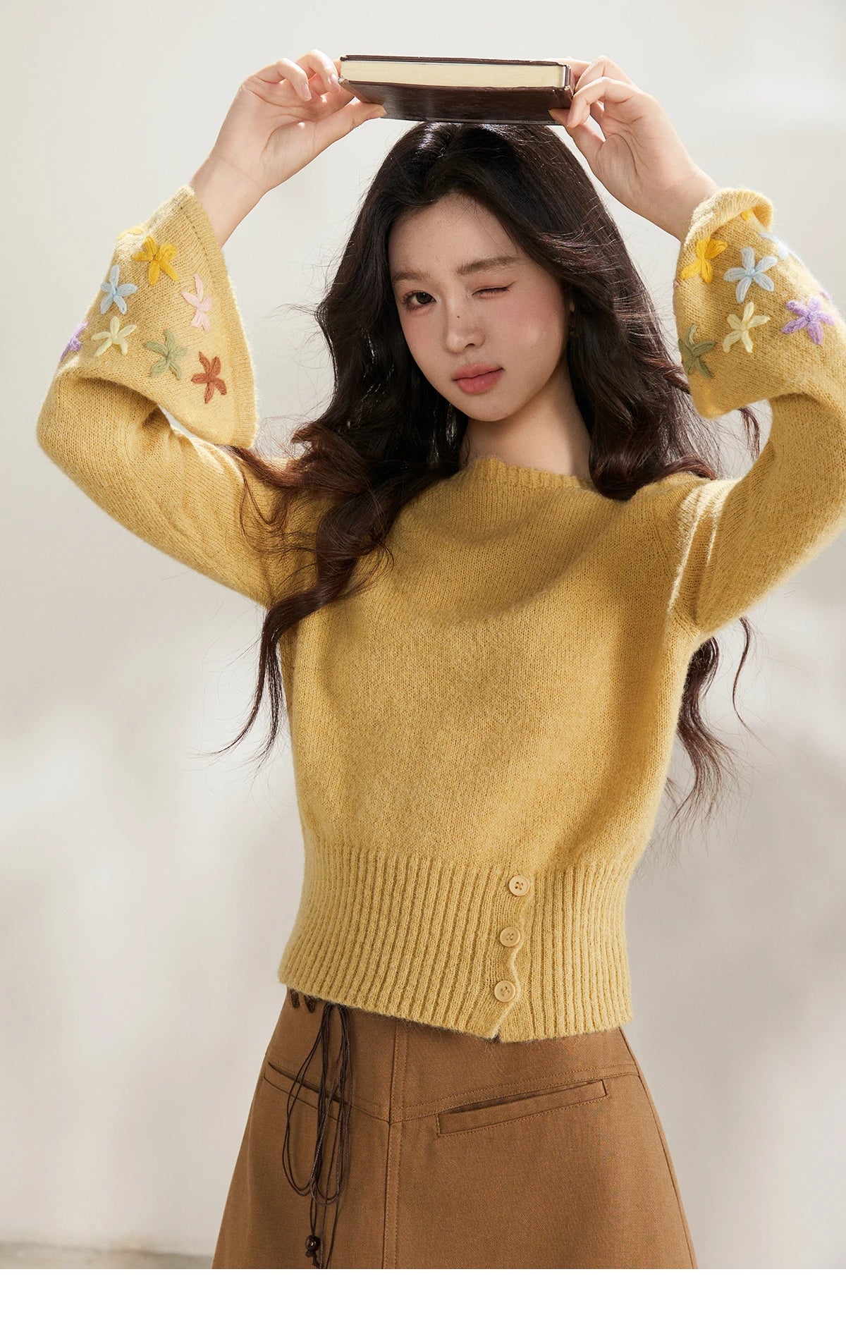 MISHOW Floral Embroidered Boat Neck Flare Sleeve Knit Tops 2026 Spring Side Button Slim Casual Soft Yellow Sweater MXE94Z2864