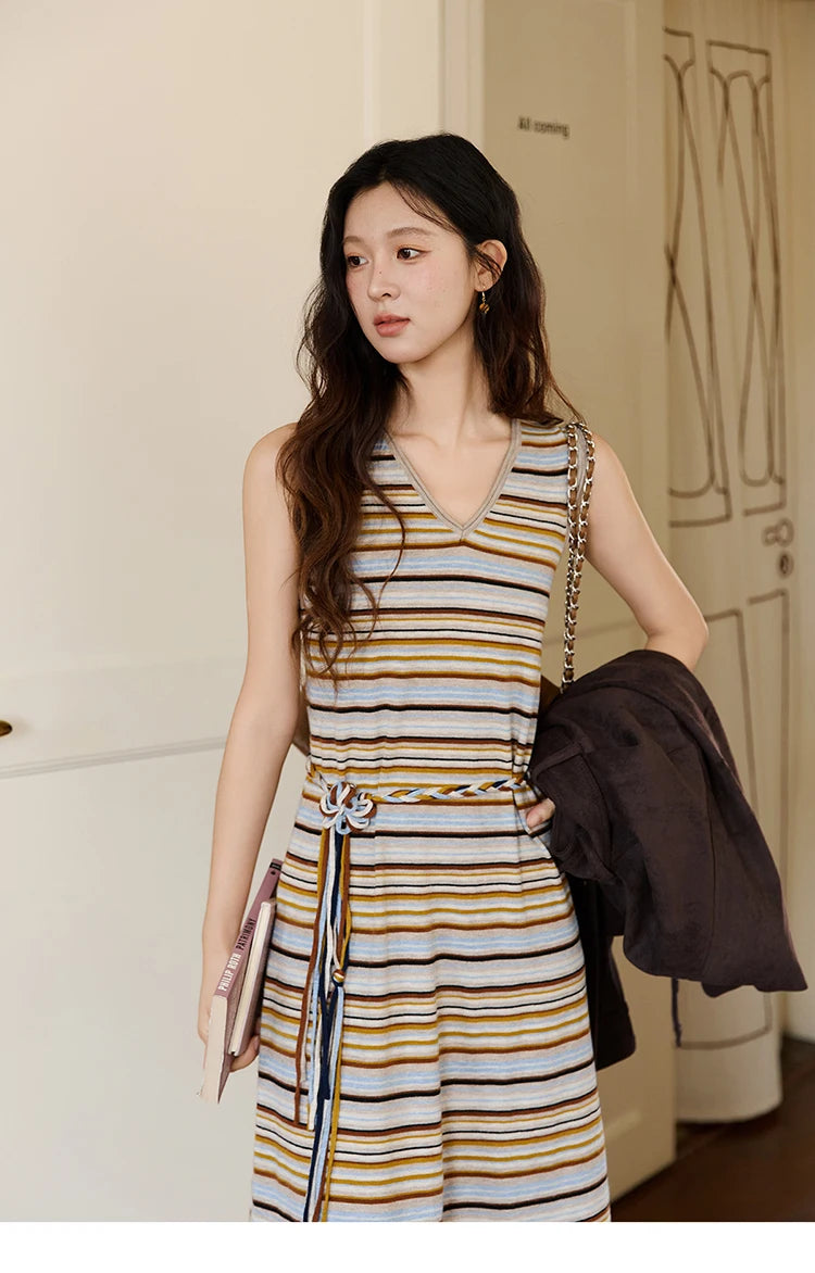 MISHOW Women's Striped V-neck Dress Autumn 2025 Loose Sleeveless Core Spun Yarn Dresses Tied Waist Casual Long Dress MXE46L2521
