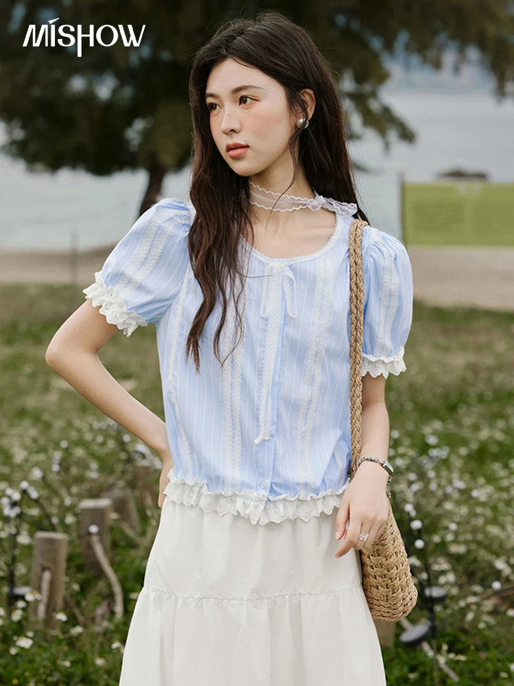 MISHOW French Striped Summer Blouses Women 2025 New Short Puff Sleeve Round Neck Lace Patchwork Shirts Fashion Tops MXE32X1759