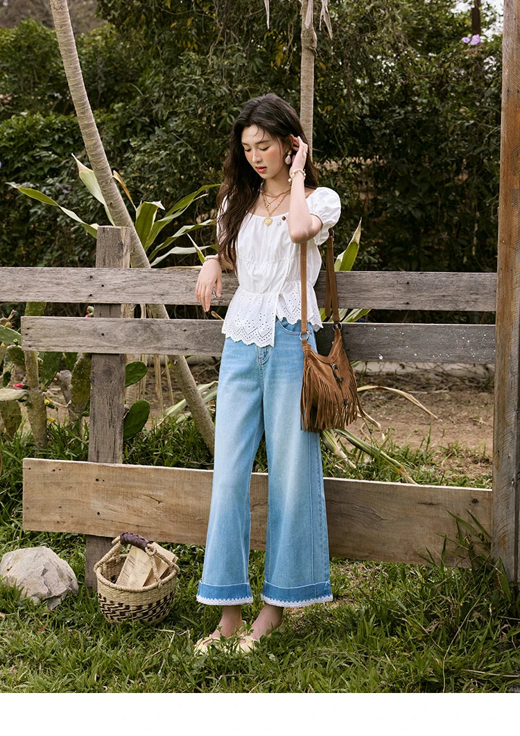 MISHOW French Summer Casual Blouses 2025 Solid Short Puff Sleeve Hem Hollow Cotton Tops Loose Collar Beading Blouse MXE33X1776