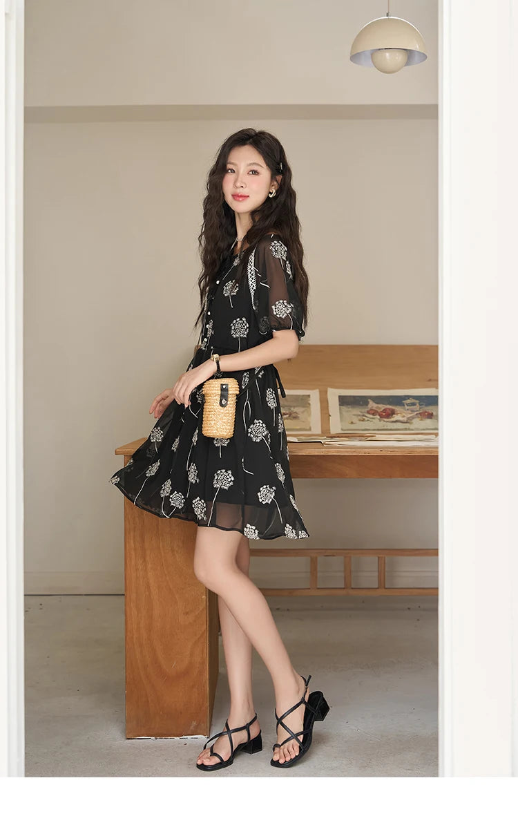 MISHOW【Taraxacum Series】Black Embroidered Dress for Women 2023 Summer French Tea Break Lace-up Retro Romantic Dresses MXC39L1567