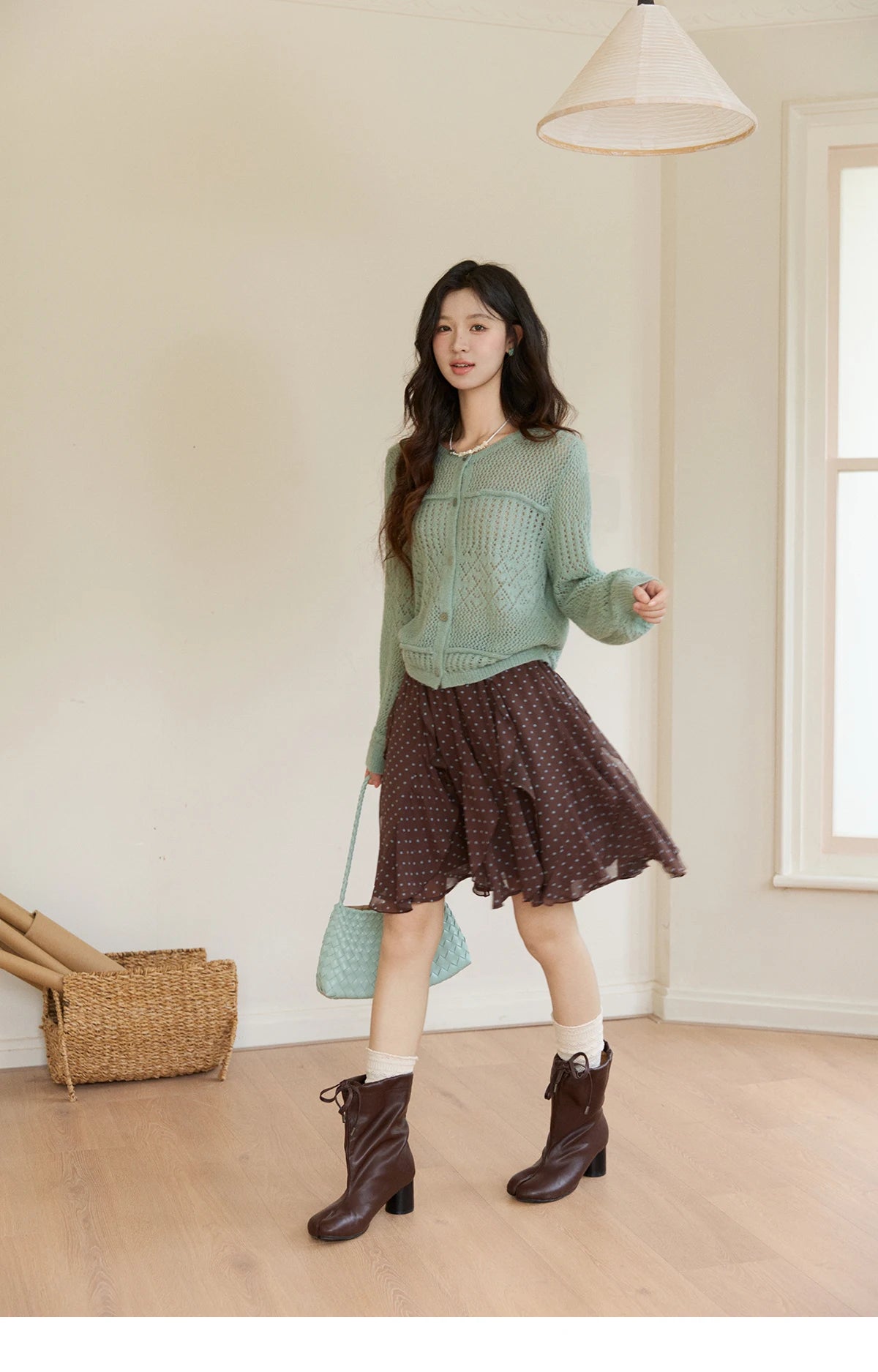 MISHOW Women's Mint Green Knitted Cardigan 2026 Spring Crew Neck Hollow Out Thin Tops Casual Loose Sheer Sweater MXF108Z1046