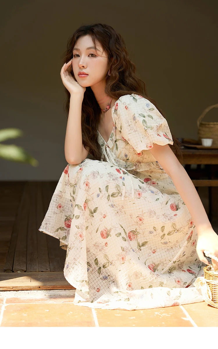 MISHOW Elegant Fairycore Floral Dresses for Women 2023 Summer French A-line Ruffles V-neck Puff Sleeve Sweet Dress MXC33L1465