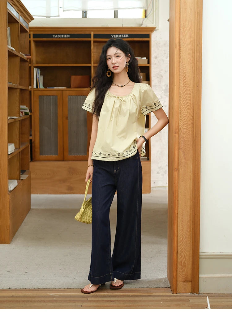 MISHOW Cotton Blouse Round Neck Lace Up Puff Sleeve MXE39X1966