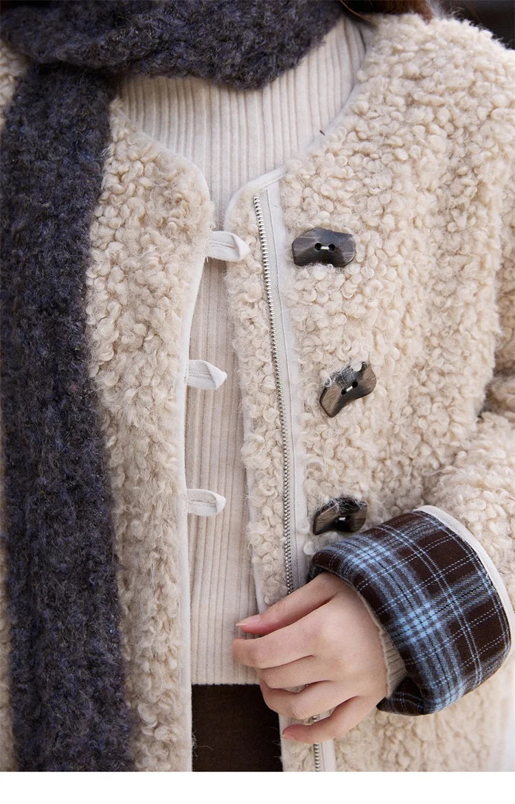 MISHOW Plaid Patchwork Curly Lambswool Coat Winter 2025 Women's Fashion Coat Double-Front Retro Casual Loose Jacket MXE87W0939