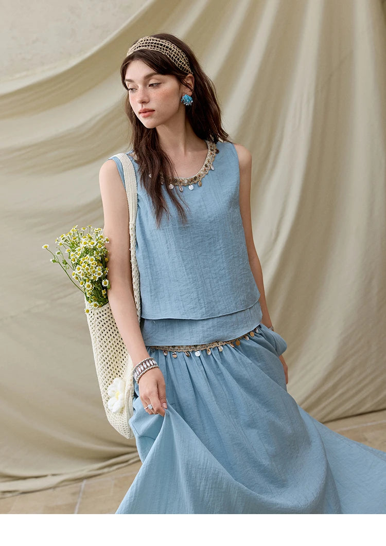 MISHOW Office Lady Summer Vest Skirt Sets Women 2025 Sheel Ribbon Solid Round Neck Tops Loose High Waist Skirt Female MXE32T0556