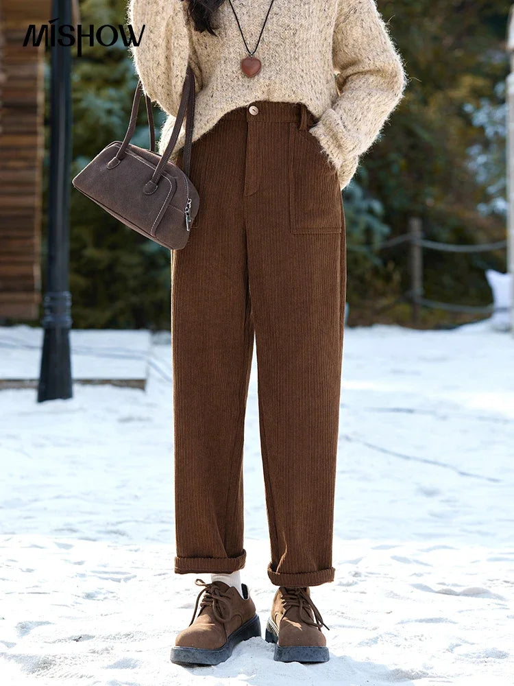 MISHOW Corduroy Pants High Waist Straight Pants Pocket Design Velvet Inside Comfortable Touch Slim Fit Office Lady MXD55K0813