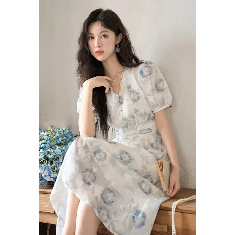 MISHOW 【Taraxacum Series】Chiffon Dress for Women 2023 Summer French Taraxacum Printing V-neck Waist Puff Sleeve Dress MXC39L1555