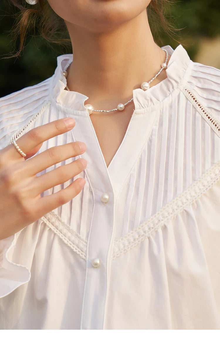 MISHOW French Organ Pleated V-neck Shirt 2025 Autumn Petal Patchwork Ruffle Sleeve Solid Pearl Single Breasted Tops MXD13X1354