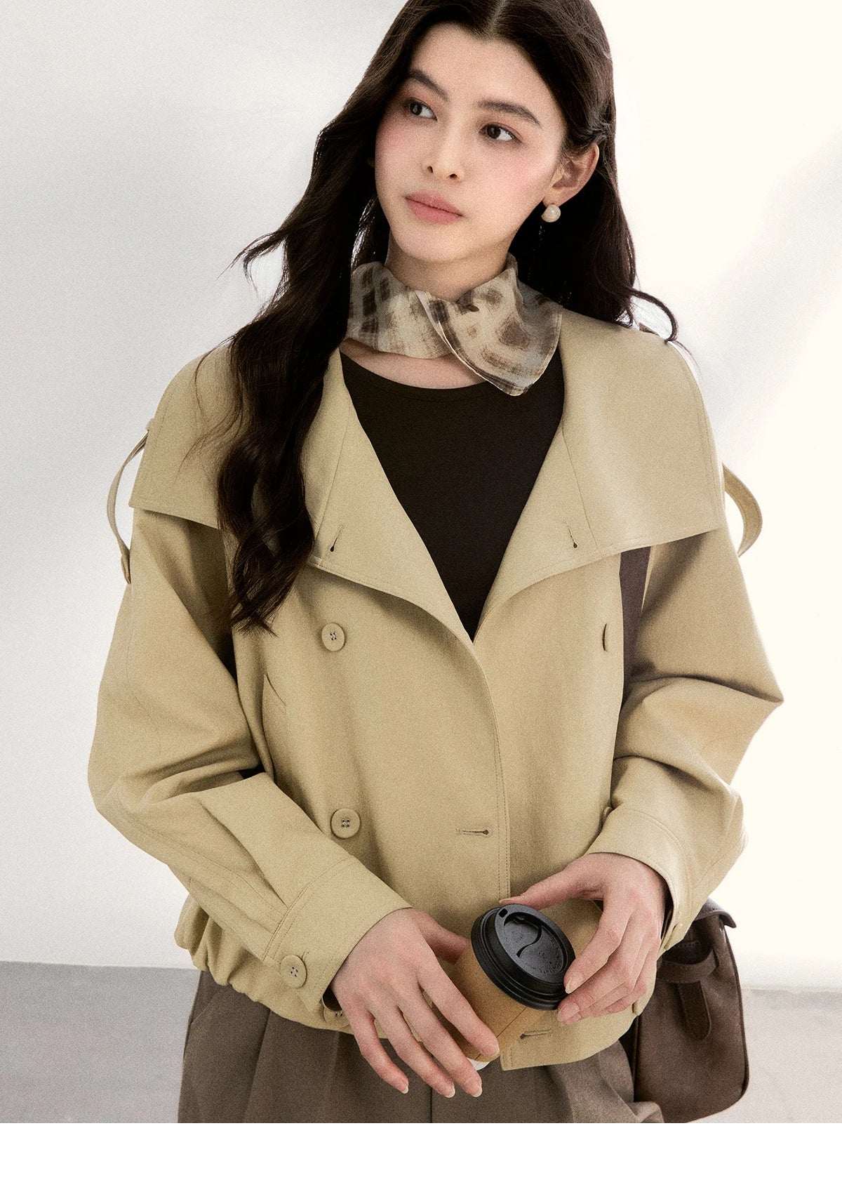 MISHOW Women's Khaki Cropped Short Leather Jacket 2026 Spring Lapel Stand Collar Double Breasted Casual Loose Coat MXF108W1000