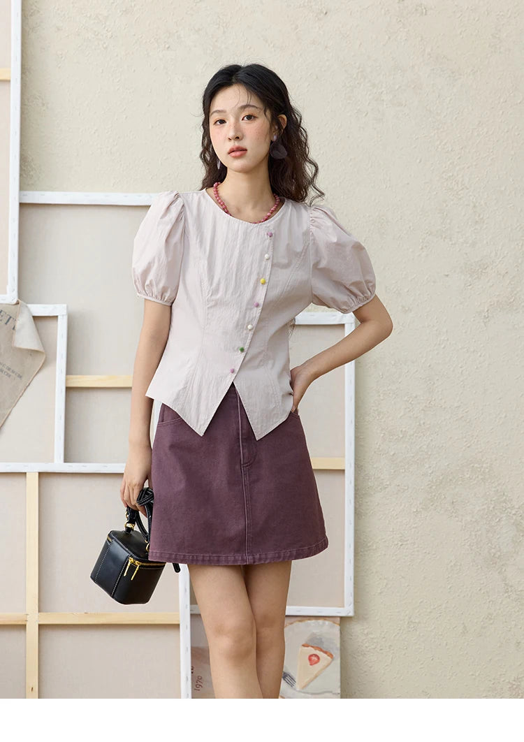 MISHOW Bubble Sleeves  Blouses for Women Summer 2025 Irregular Placket Tops Rainbow Button Solid Blouse Office Lady MXE34X1782