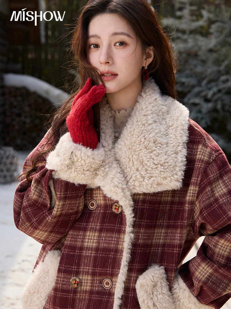 MISHOW Christmas Women's Retro Plaid Jacket 2025 Winter Large Lapel Tops Thickened Cotton-Padded Warm Short Coat MXE87W1004
