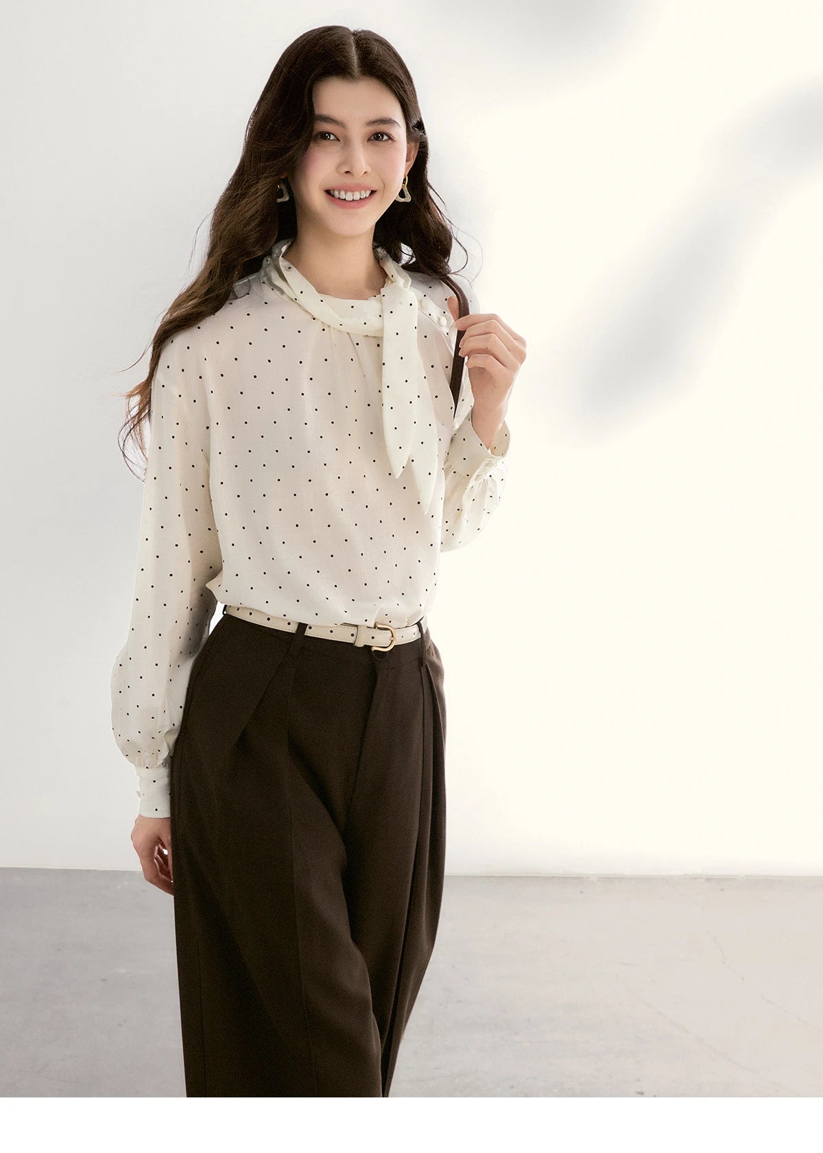 MISHOW Women's White Polka Dot Blouse Spring Bow Tie Neck Sheer Chiffon Blouses Casual Long Sleeve Top Office Lady MXF13X2531