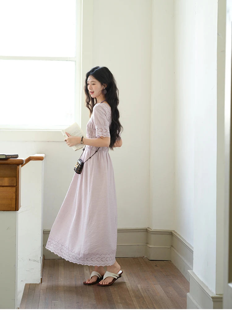 MISHOW Puff Sleeve Dress for Women 2025 Summer New Square Neck Fashion Lace Hollow Purple Dresses Female Clothing MXE39L2406