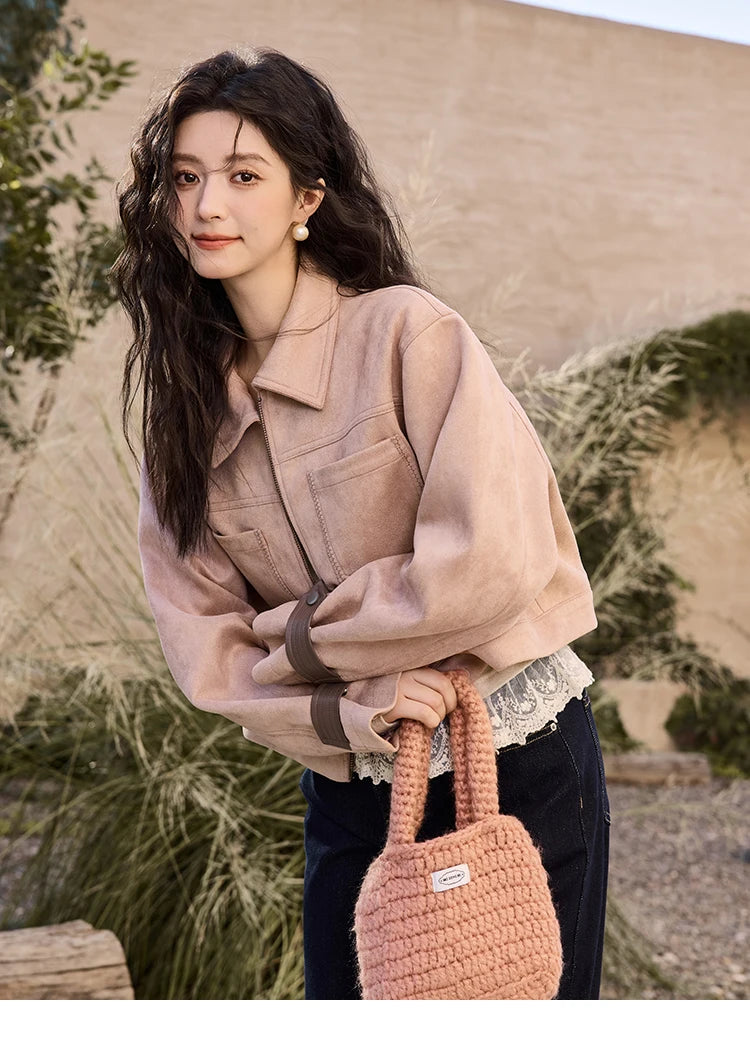 MISHOW Suede Symmetric Pocket Jacket American Vintage Zipper Short Outwear 2024 Winter Sweet Slim Lapel French Jacket MXD48W0478